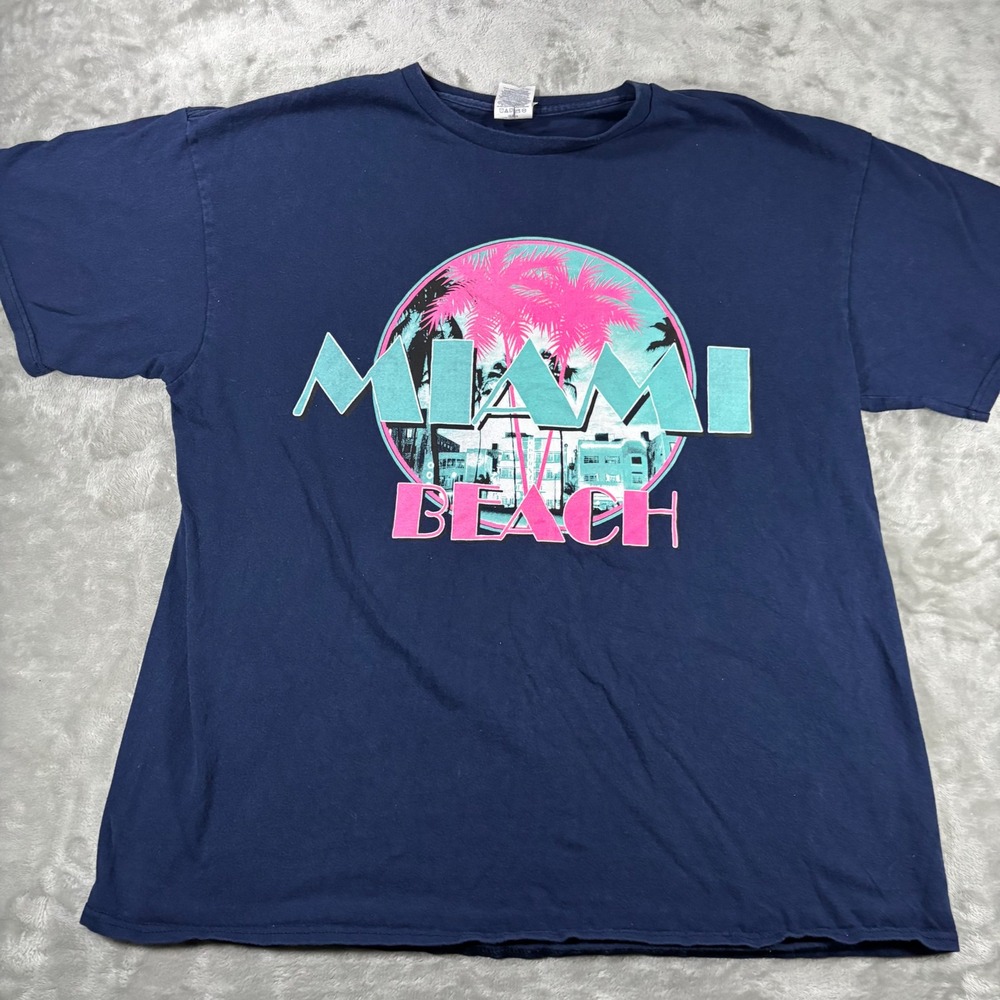 Delta Pro Weight Miami Beach Graphic T-Shirt Navy Blue Vaporwave Mens XL
